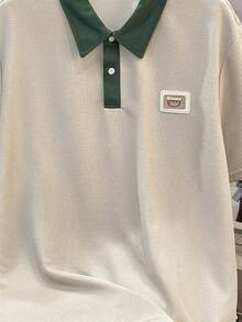 Manfinity Joysei 男士字母刺绣撞色短袖休闲通勤 Polo 衫 - 杏色 - 查看 4