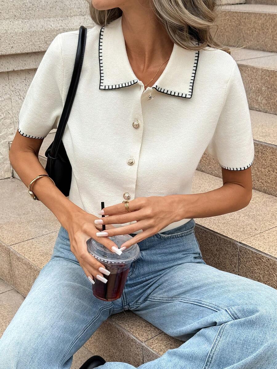 SHEIN PariChic Women's Vacation Short Sleeve Single-Breasted Casual Knit Cardigan - Apricot - View 1