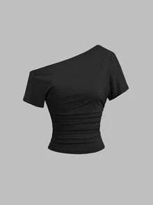 Sweetra Neue Frühlings-/Sommer-Damen Modische High Street Chic asymmetrische Schulter Slim Fit sportliche vielseitige bequeme Casual T-Shirt - Schwarz - Übersicht 2