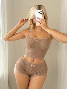 Sweetina 纹理面料吊带背心和低腰短裤套装 - 杏色 - 查看 1