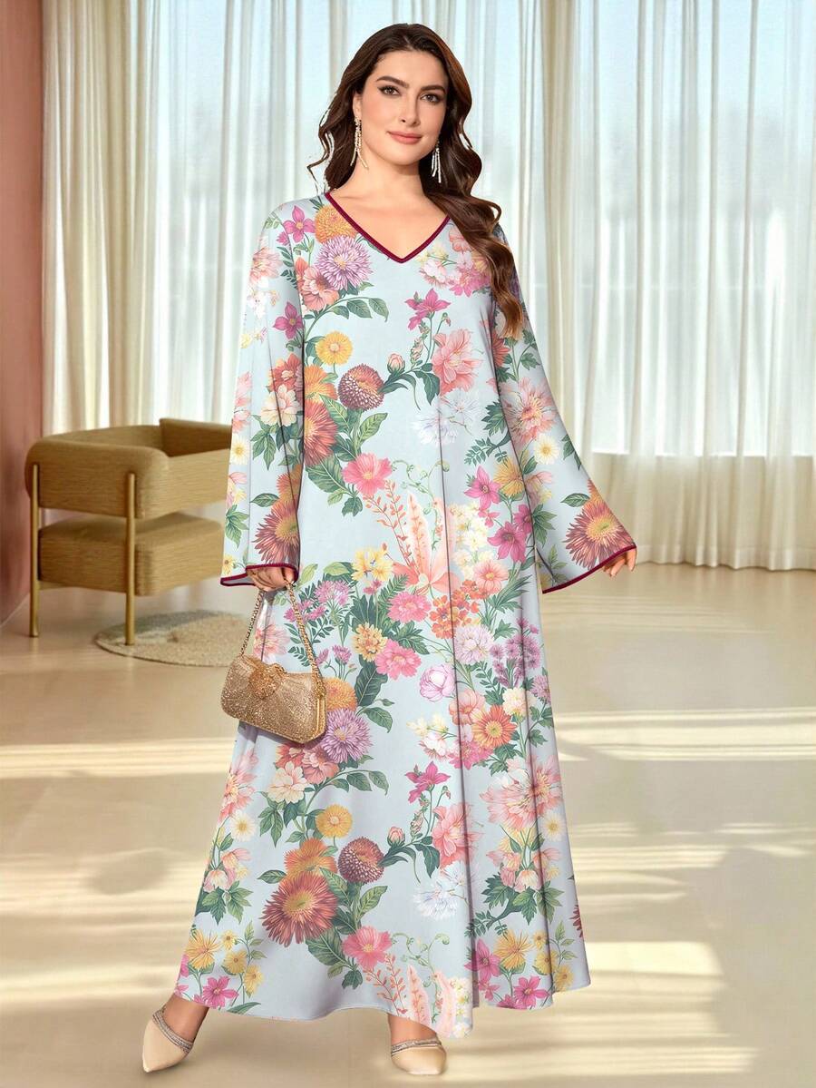 SHEIN Najma Đầm maxi dài tay cổ chữ V họa tiết hoa nhí cỡ lớn, đầm dài thanh lịch họa tiết hoa, thích hợp cho mùa xuân và mùa hè. - Nhiều màu - Xem 1