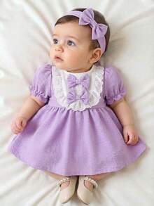 SHEIN Newborn Baby Pink Dress & Bow Headband Set, Cute Princess Style - Mauve Purple - View 4