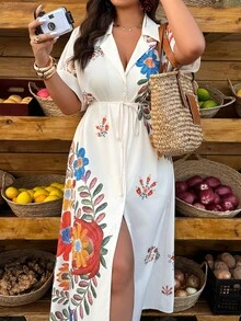 SHEIN LUNE Đầm sơ mi dài in hoa dành cho nữ cỡ lớn, kiểu dáng thường ngày, thích hợp cho mùa xuân/hè. - Nhiều màu - Xem 6