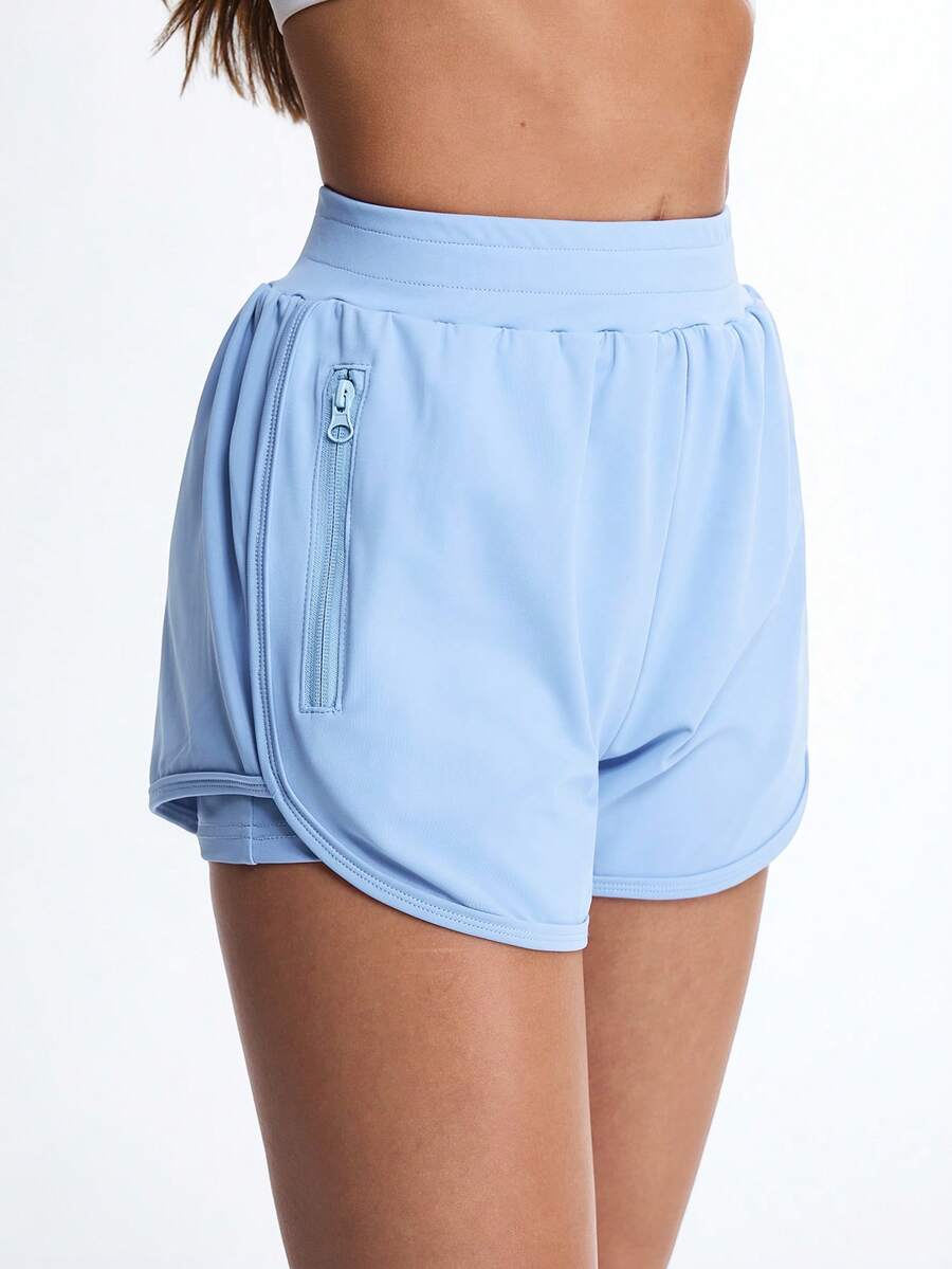 SHEIN Sovereign Charm Sky Blue High-Waist Double-Layer Running Shorts,Built-In Compression Inner Shorts With Secure Zip Side Pocket,Quick-Dry Four-Way Stretch Gym & Tennis - Blue - View 1