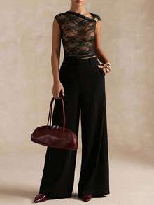 SHEIN BAE 女士时尚性感蕾丝不对称露肩短款T恤 - 黑色 - 查看 5