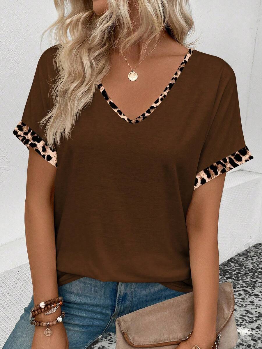 Selamara New Fashion Women's V-Neck T-Shirt With Leopard Print Trim - Coffee Brown - View 1