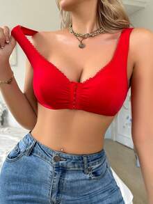 Women's Solid Color Pleated Casual Comfortable Bra - Red - View 4