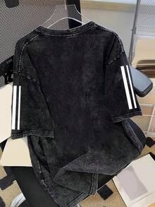 Manfinity Homme 男女通用复古条纹学院风水洗棉T恤 - 黑色 - 查看 2