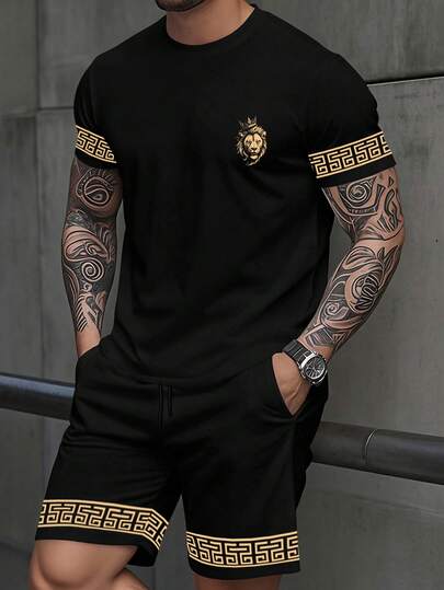 Manfinity Homme 男士经典时尚休闲黑色圆领印花T恤短裤套装，圆领短袖T恤短裤套装，饰有皇冠狮子印花