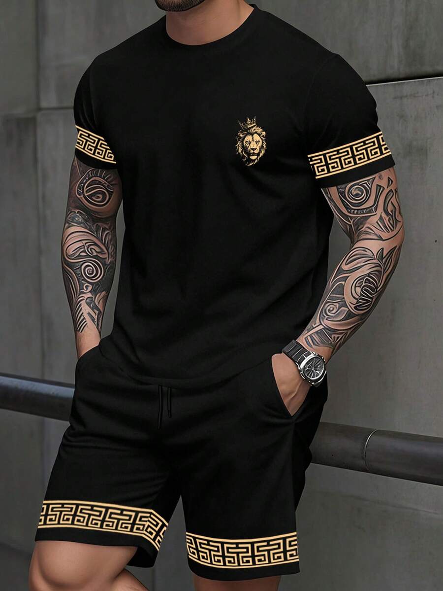 Manfinity Homme 男士经典时尚休闲黑色圆领印花T恤短裤套装，圆领短袖T恤短裤套装，饰有皇冠狮子印花 - 彩色 - 查看 1