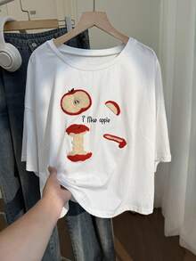 Comfortcana Áo thun cotton dáng rộng thoải mái cỡ lớn, chất liệu cotton, kiểu dáng thường ngày, thêu hình quả táo 3D, thích hợp cho mùa xuân/hè. - Nhiều màu - Xem 7