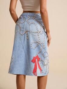 LOTSLUV Women's Spring/Summer Denim Print Diamond Necklace & Bow Print Denim Mini Skirt - Blue - View 2