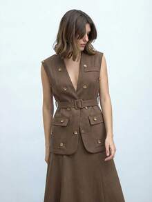 Maija Áo blazer nữ cổ chữ V, đính ren, có thắt lưng, kiểu dáng mỏng, không tay, thời trang. - màu nâu - Xem 3
