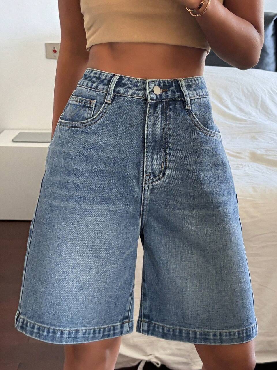 Women's Loose Fit Bermuda Denim Shorts With Pockets Y2k Jorts Summer