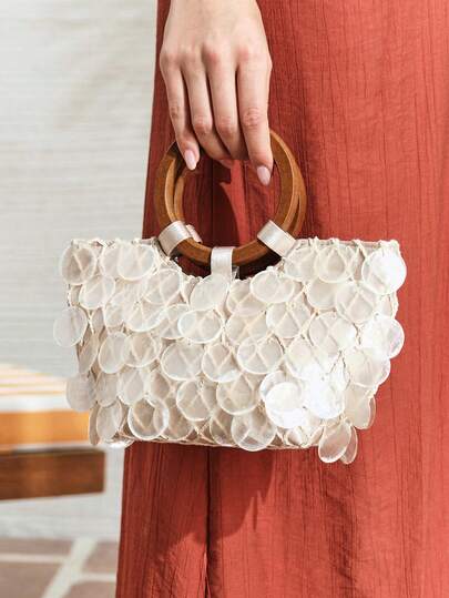 SHECARRY Ladies, Women Imitation Round Seashell Pieces Top Handle Bags, Wooden Handle, Fashionable, Elegant, Simple, Personalized, Versatile, For Beach, Vacation, Holiday, Summer, Seaside, Beach Party