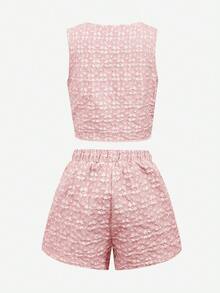 Conjunto informal de top sin mangas con textura y lazo decorativo en cuello en V, y shorts para adolescentes - Rosa - Ver 3