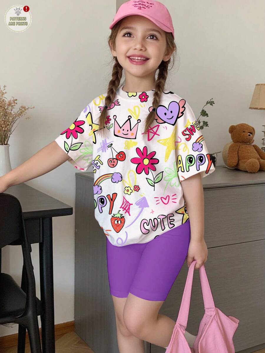 Bộ 2 món cho bé gái, gồm áo thun ngắn tay và quần short in hình hoạt hình dễ thương: ngôi sao, trái tim, hoa, cầu vồng, quả anh đào, chữ "Happy", thích hợp cho kỳ nghỉ hè, thoải mái, những bông hoa nhỏ xinh, trang phục thường ngày mùa xuân hè, mùa đi chơi gia đình, niềm vui nhỏ bé đáng trân trọng, quần áo trẻ em đi nghỉ mát, trang phục đi nghỉ mát, đồ dùng cần thiết cho bé, kỳ nghỉ thư giãn, cảm giác ấm cúng, thời trang hàng ngày cho trẻ em, sẵn sàng tốt nghiệp, mùa lễ hội, tự tin sải bước, quần áo trẻ em đi nghỉ mát, màu sắc nổi bật, bước vào sự quyến rũ, niềm hạnh phúc mùa hè. - Nhiều màu - Xem 1