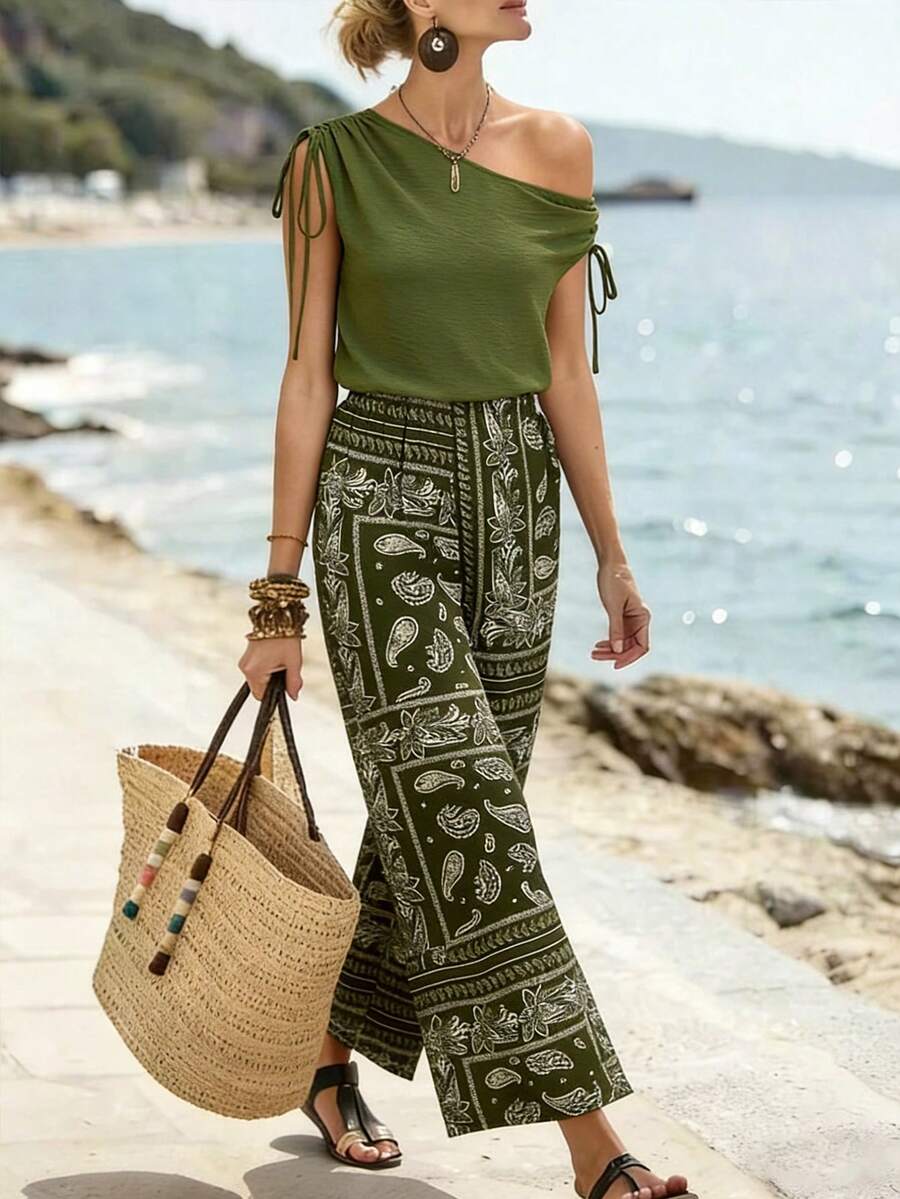 Breezaya 露肩上衣、阔腿裤、印花套装、女士两件套、绿色两件套、休闲度假两件套、女士沙滩装、女士休闲两件套、女士度假套装、女士夏季套装、女士度假套装、阔腿裤套装、女士夏季裤装套装、波西米亚风连体裤、波西米亚风两件套、女士沙滩装、地中海风情沙滩装、女士度假套装、沙滩装、女士夏季套装、女士波西米亚风套装 - 綠色 - 查看 1