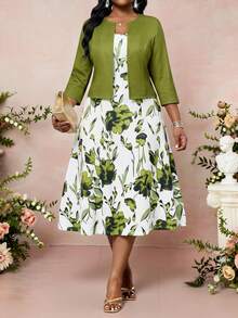 SHEIN Lady Plus Size Women's Floral Print Dress And Solid Color Long Sleeve Cardigan Casual Outfit, 2pcs Set Elegant Floral Dress Women Garden Party Dress Spring Dresses For Women Summer Church Dresses For Women Derby Dresses For Women - Multicolor - View 3