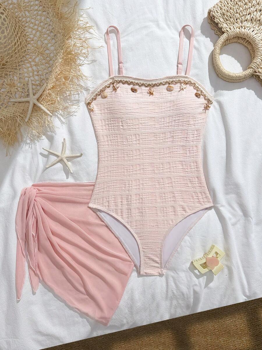 SHEIN Teen GirlOne-Piece Swimsuit, Wavy Shell Trim & Mesh Skirt, Beach & Pool Casual Vacation, Spring/Summer - Pink - View 1