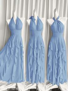 Rafferiza Women Light Blue Summer Elegant Dinner Multi-Layered Ruffled Long Dress,Boho Halter Wedding Guest Graduation Birthday Prom Evening Beach Sun Dress - Blue - View 4