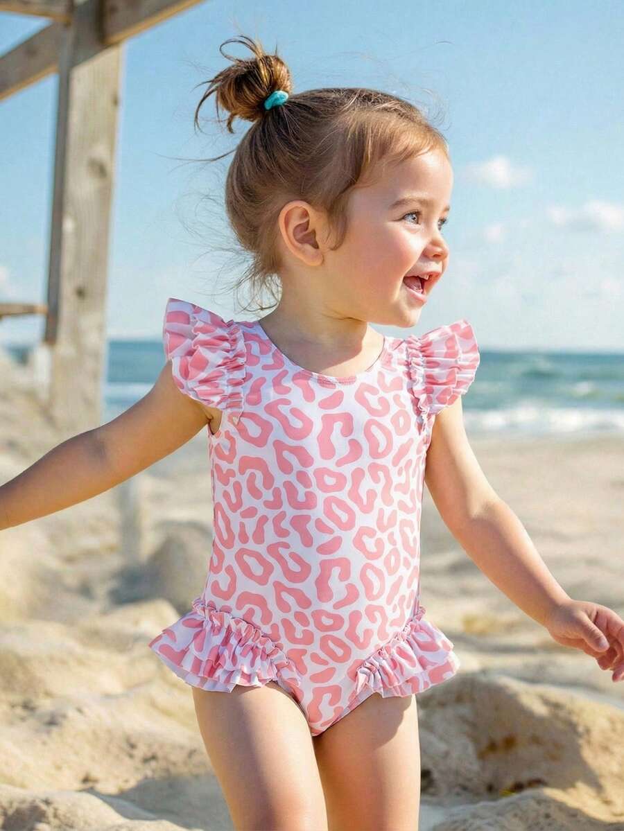 SHEIN Baby Girls' Beachwear One-Piece Swimsuit, Cute & Conservative Knit Fabric, Playful Pink Leopard Print, Ruffled Sleeves Design, Suitable For Swimming, Summer Vacation, Beach, Pool, Holiday Party - Pink - View 1
