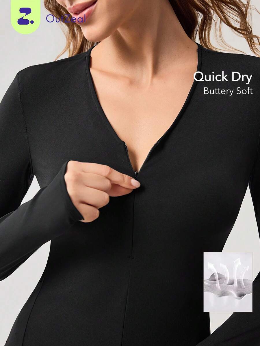 OutZeal Camisetas deportivas para mujer, negras, de yoga y gimnasio, de secado rápido, de manga larga, escote en V, silueta ajustada - Negro - Ver 1