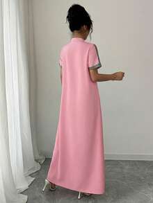 Rafferiza Contrast Color Embroidery Stand Collar Rhinestone Decor Loose Long Dress For Women - Pink - View 2