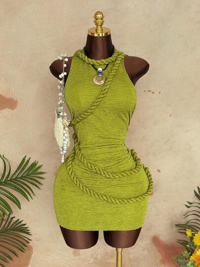 Sunspun Plus Size Round Neck Sleeveless Pleated Fabric Olive Green Elegant Vintage Cute Vacation Party Casual Chic Street Party Knee-Length Dress