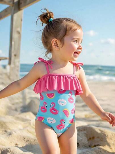 SHEIN Vintaside Kids 2026 SS New Soft Squishy Fabric Summer Vacation Travel Essential Baby GirlComfortable Elastic Ruffle Trim Colorful Flamingo Print Knit Fabric Swimsuit With Hat, Suitable For Summer Leisure And Swimming