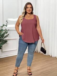 SHEIN CURVE+ 大码女式时尚宽松舒适无袖T恤背心 - 酒紅色 - 查看 9
