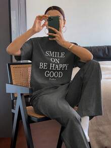 DAZY Letter Print Loose Short Sleeve Top And Pants 2 Pieces Set, Women Summer Casual Outfit - Dark Grey - View 5