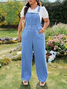 Breezaya Plus Size Women Casual Loose Denim Bib Overalls - Blue - View 3