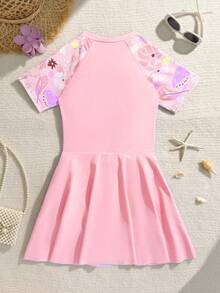SHEIN 少女夏季休闲碎花连体泳衣 - 淺粉色 - 查看 3