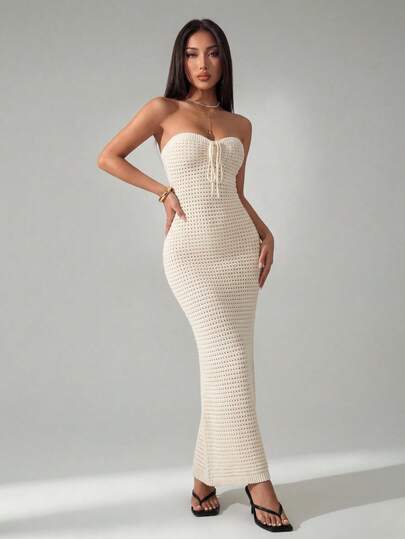 SHEIN PETITE 钩针夏季浪漫假期紧身手工钩针抹胸连衣裙，适合约会、度假、休闲优雅日常穿着、秋冬