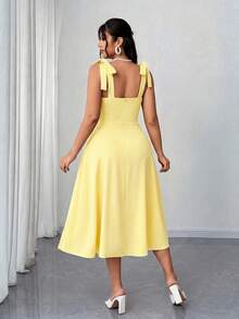 Elenzga 大码女士优雅浪漫褶皱A字吊带连衣裙，红色，春秋季女士夏季连衣裙，高品质连衣裙，女士正装，女士休闲连衣裙，女士优雅经典连衣裙 - 黃色 - 查看 3