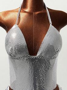 Mistrie 女士音乐节链条水钻金属性感露背背心 - 銀色 - 查看 3