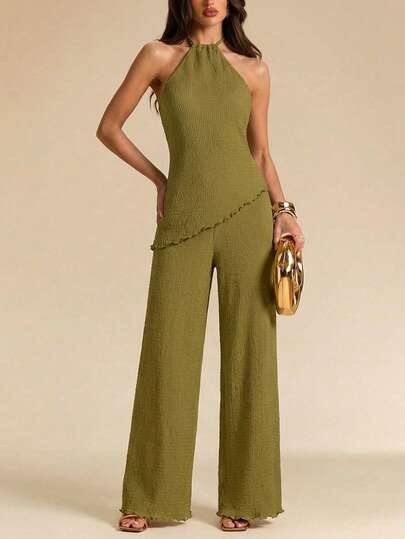SHEIN BAE Conjunto de 2 piezas con top halter con textura verde y pantalones de pierna ancha, conjunto elegante y casual para vacaciones