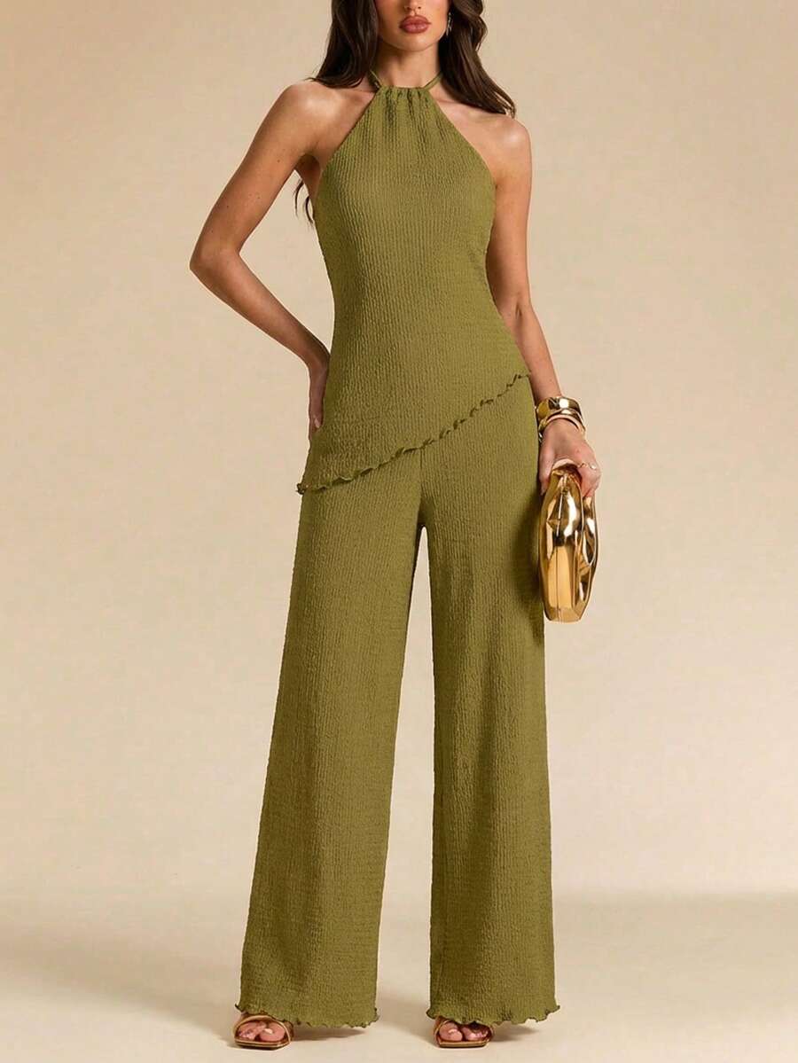 SHEIN BAE 绿色纹理露背系带上衣和阔腿裤两件套，优雅休闲度假装 - 綠色 - 查看 1