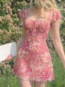 SHEIN MOD 女士休闲印花方领收腰短款连衣裙，夏季 - 粉色 - 查看 2