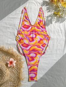 SHEIN Swim 女士露背系带性感随机印花连体泳衣 - 彩色 - 查看 2