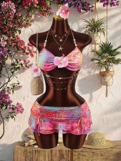 Amplova Women's 2 Pieces Set With Bra Cup Details, New Leopard & Floral Print, Pink Floral, Sexy & Avant-Garde, Suitable For Holiday Outfits, Beaded Accessory, Drawstring Hem Mini Skirt, Sexy Outfit Swimsuits For Woman 3 Piece Set Bikini Set For Women 3 Piece Bikini Skirt Set Bathing Suit Set 3 Piece Swim Skirt Set