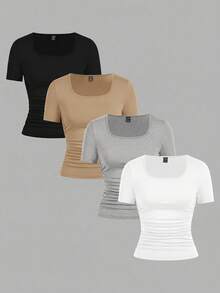 SHEIN EZwear Bộ 4 áo thun nữ tay ngắn cổ tròn màu trơn, kiểu dáng tối giản, thoải mái, thích hợp cho mùa xuân/hè. - Nhiều màu - Xem 13