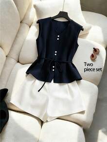 Franclia Set de 2 piezas Traje informal de oficina sin mangas para mujer, conjunto de ropa de trabajo de verano - Multicolor - Ver 1