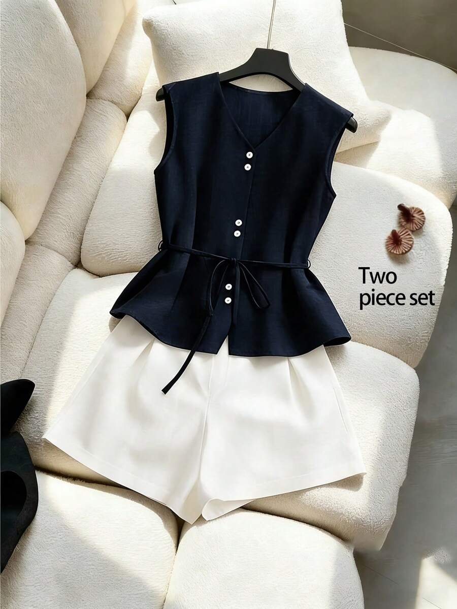 Franclia Set de 2 piezas Traje informal de oficina sin mangas para mujer, conjunto de ropa de trabajo de verano - Multicolor - Ver 1