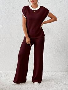EMERY ROSE Women's Contrast Color Loose Casual Drawstring Knit 2 Pieces Set - Burgundy - View 5