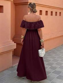 Selianne Women's Off-Shoulder Ruffle Patchwork Vacation/Casual Dress, Spring/Summer - Burgundy - View 2