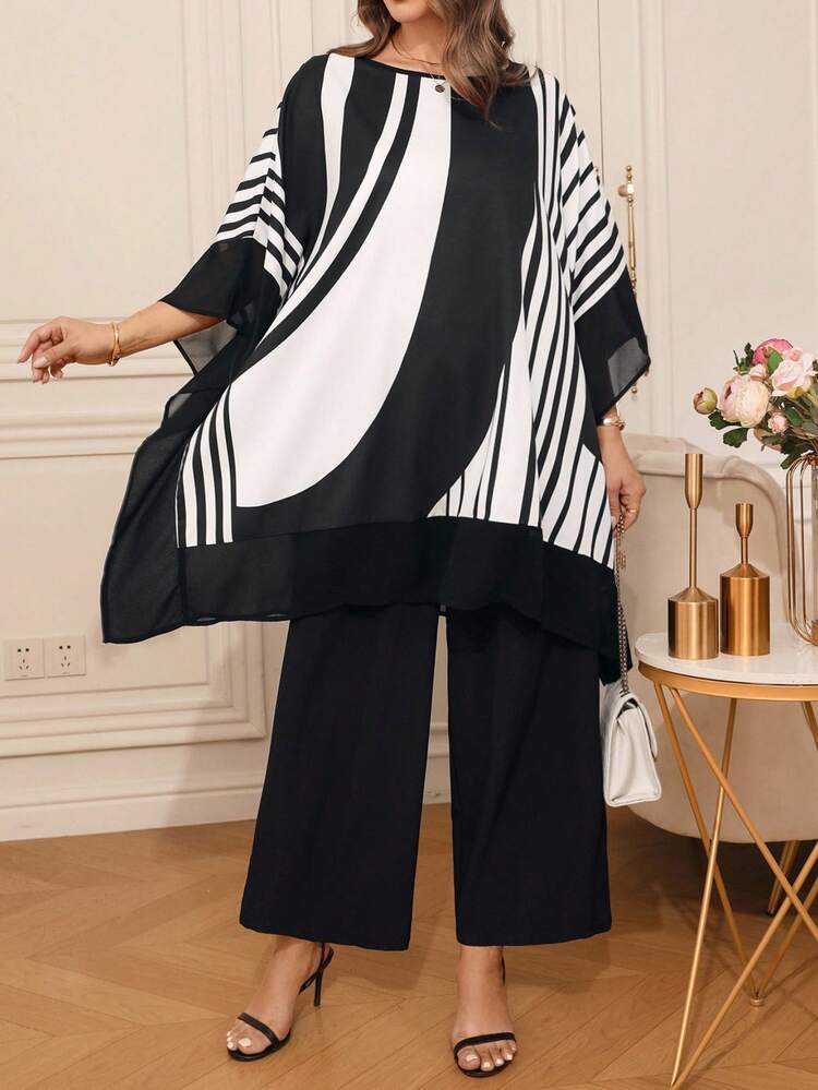 Plus Size Black And White Striped Woven Fabric Pants Suit For Women Casual Round Neck High Low Tunic Top And Wide Leg Pants Set