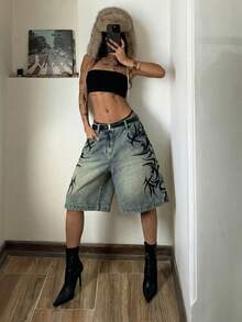 StreetHx Pantalones cortos vaqueros holgados de pierna ancha con bolsillos estampados para mujer - Azul - Ver 3