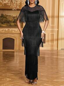 SHEIN Tall CURVE Plus Size Solid Color Round Neck Fitted Fashionable Sheer Fringe Elegant Dress - Black - View 3